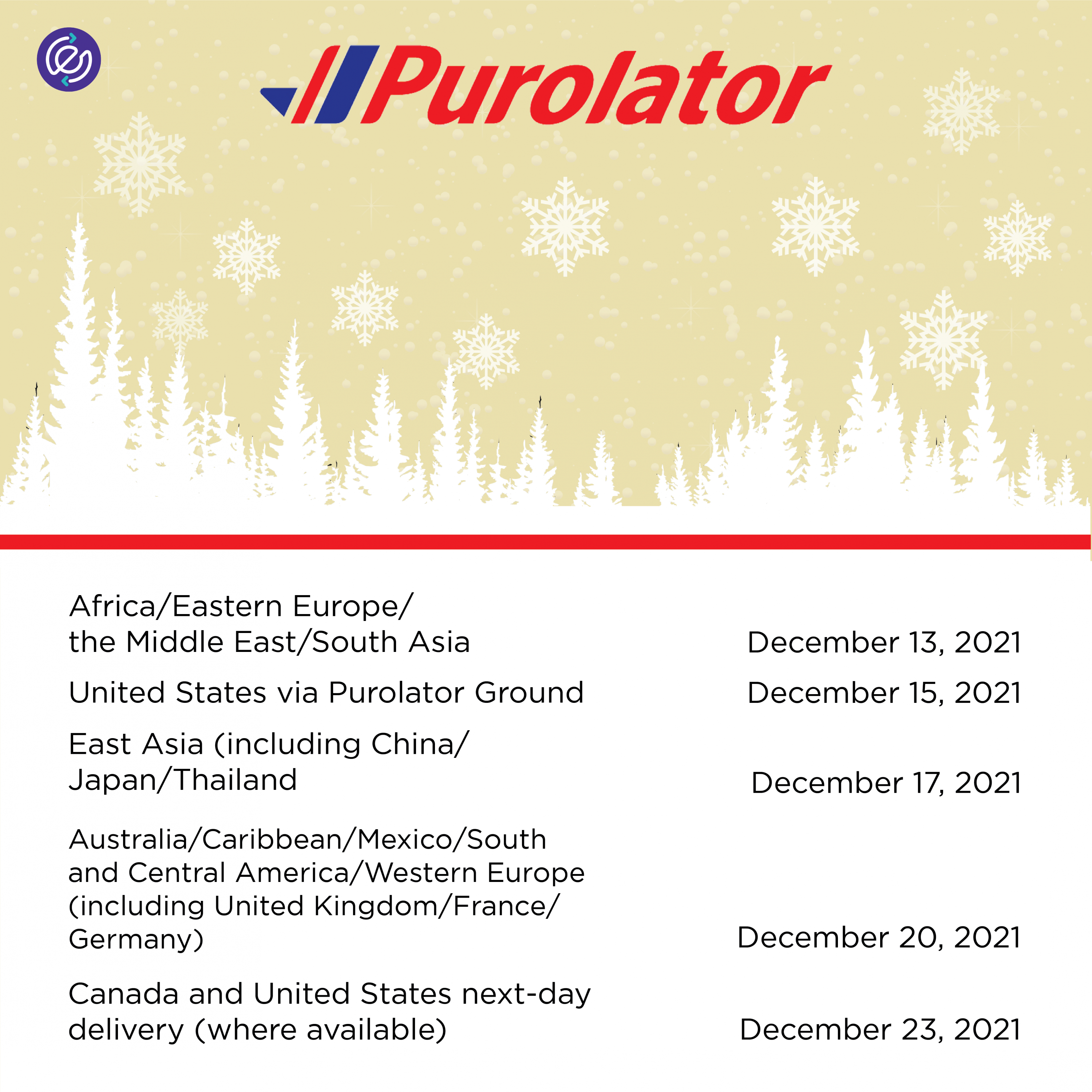 Holiday shipping dates by Purolator