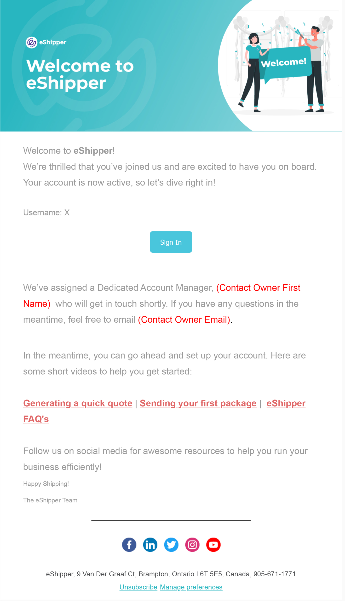 Welcome email eShipper