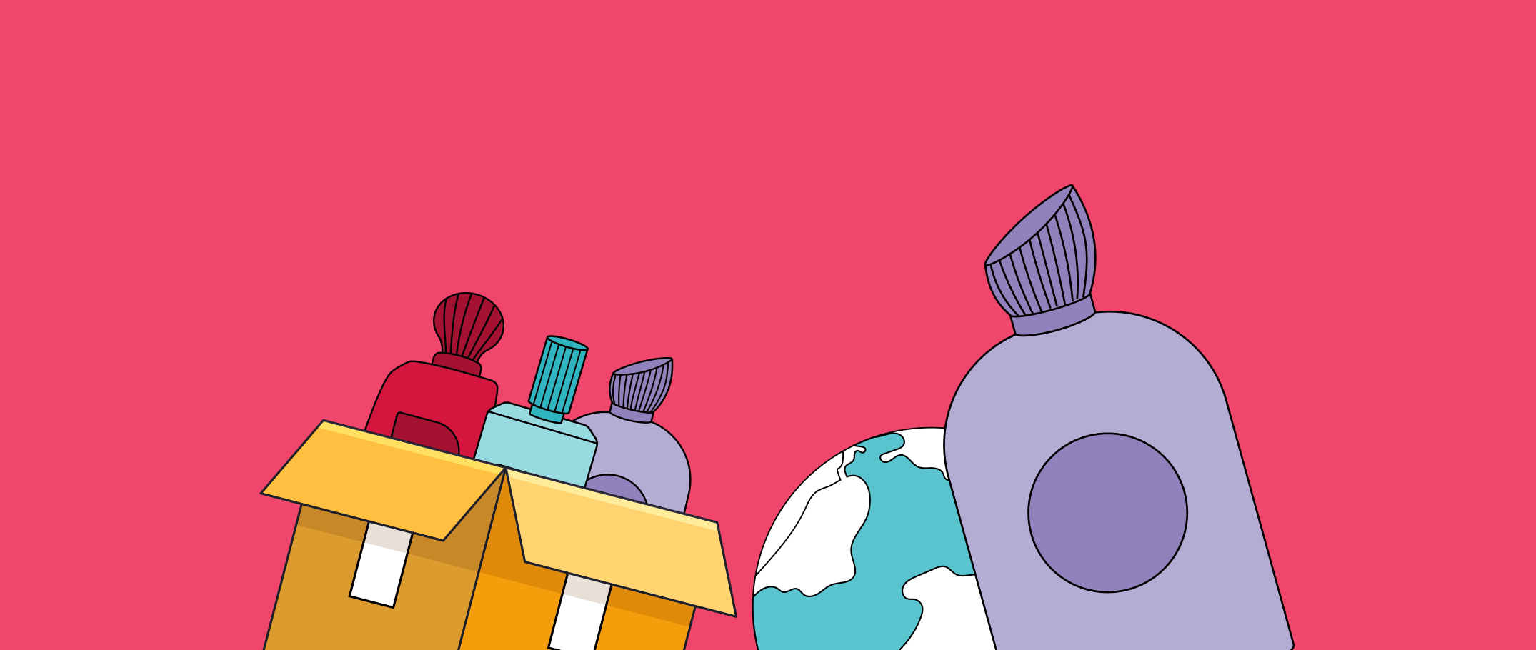 International perfume shipping illustration with fragrance bottles and globe.
