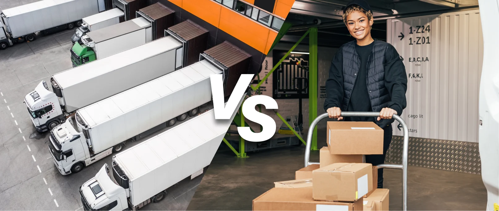 "Freight vs shipping – visual comparison showing cargo transport and parcel delivery solutions.