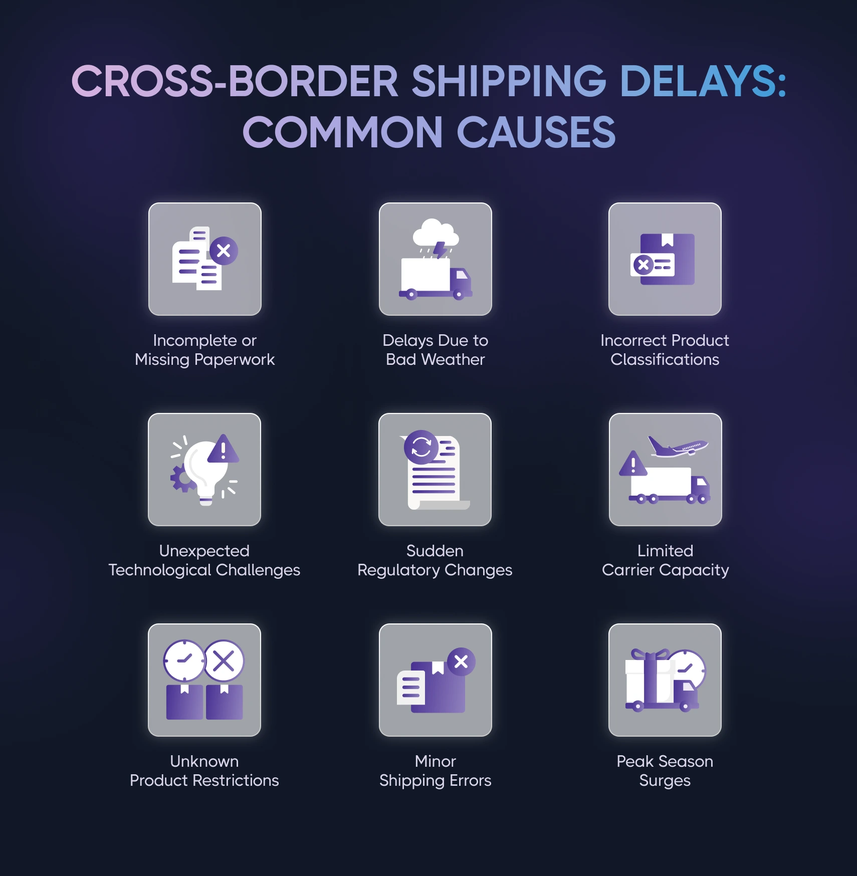 Infographic shows the common causes for the cross border shipping delays in 2025
