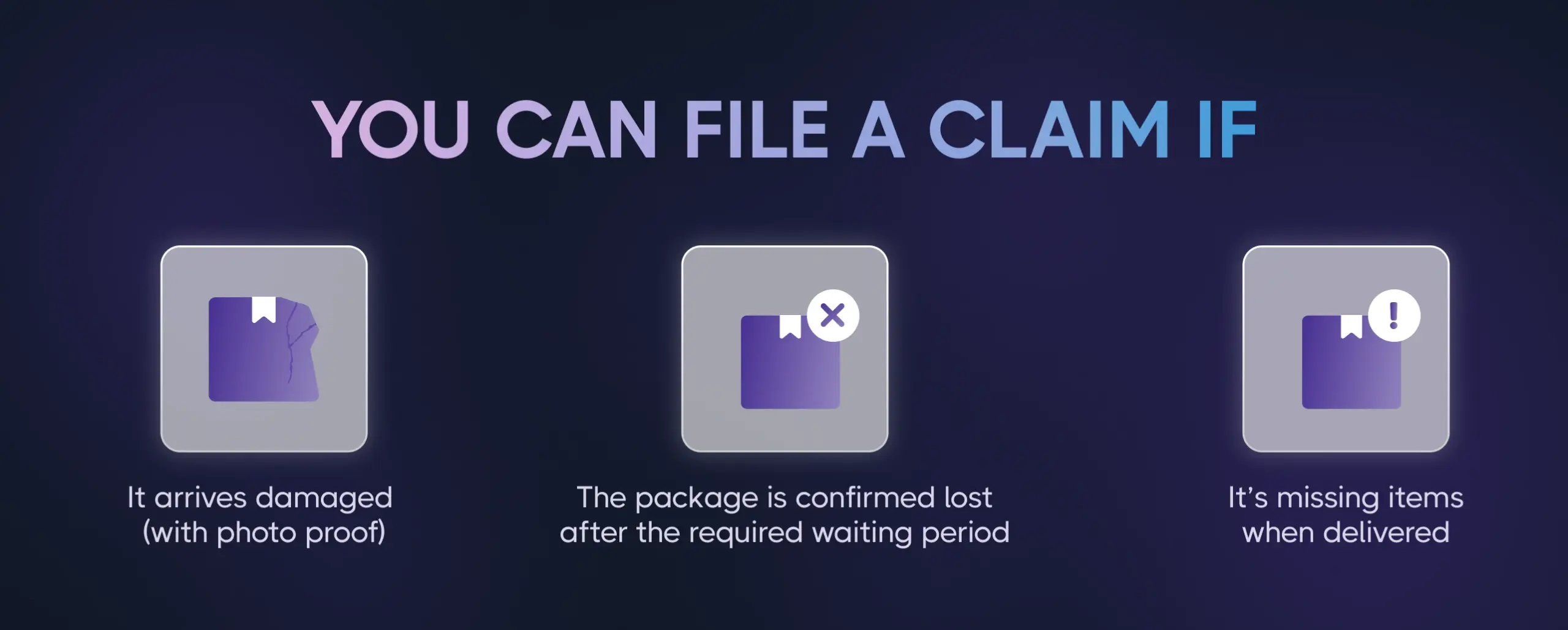 File a claim if package is damaged, lost after waiting period, or missing items on delivery.
