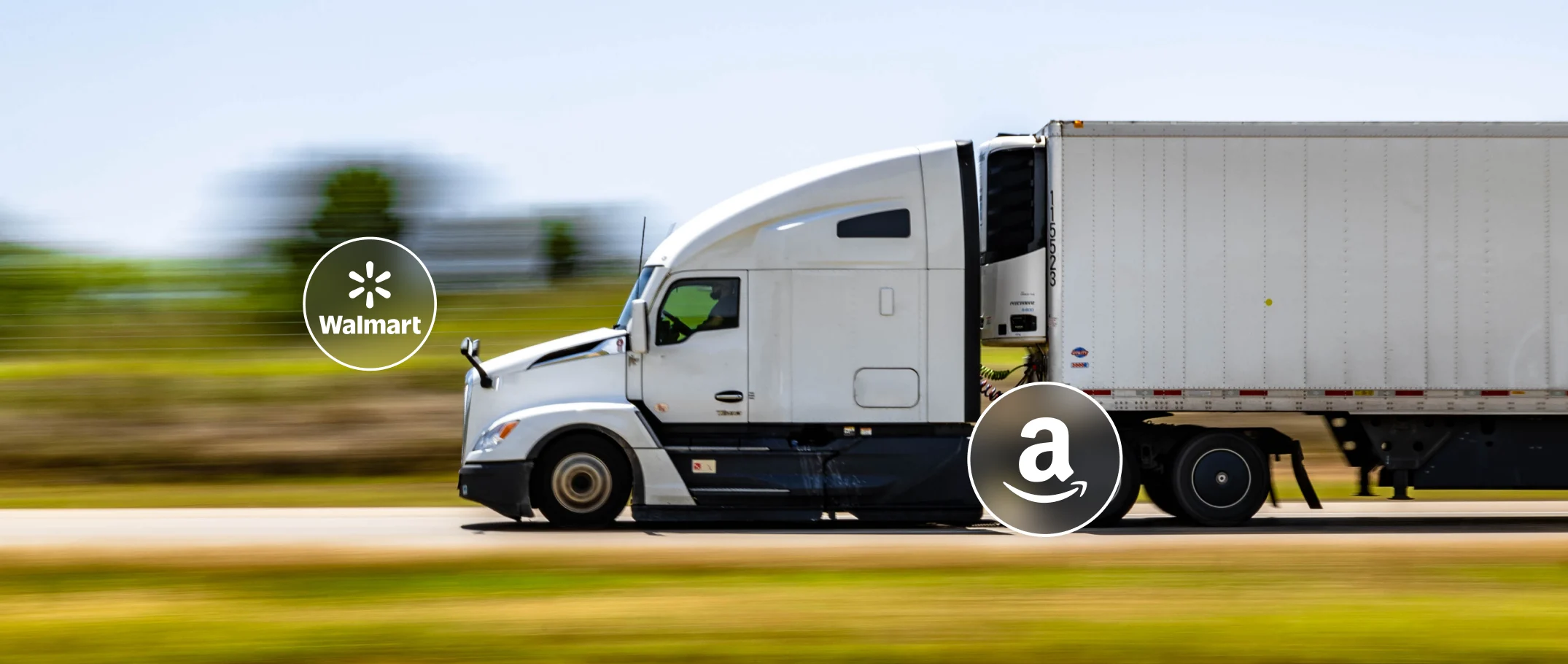 Cross-border shipping for eCommerce sellers – freight truck with Amazon and Walmart logos.