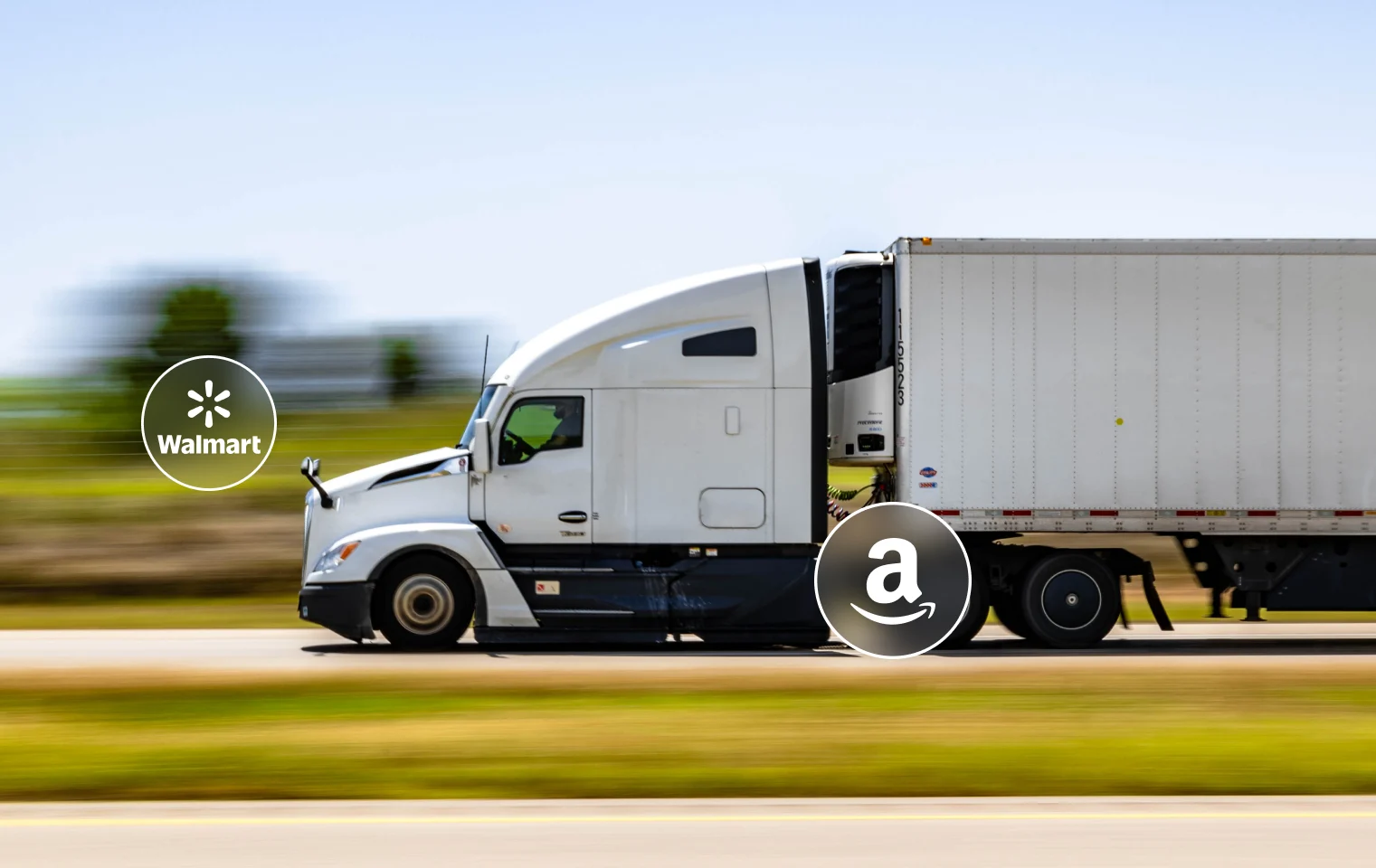 Cross-border shipping for eCommerce sellers – freight truck with Amazon and Walmart logos.