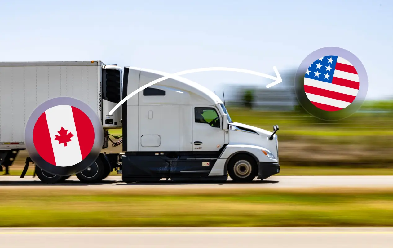 A white semi-truck driving on a highway with motion blur in the background, overlaid with circular icons showing the Canadian flag (red maple leaf) and American flag (stars and stripes) connected by an arrow, illustrating cross-border shipping between Canada and the United States.